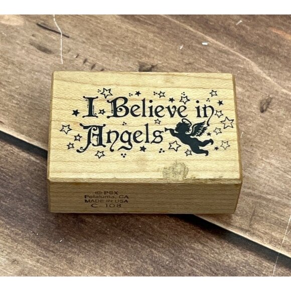 PSX C108 I BELIEVE IN ANGELS WOOD MOUNTED RUBBER STAMP VINTAGE - Picture 1 of 4